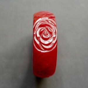 Vintage Cherry Red Bakelite Carved Floral Bangle